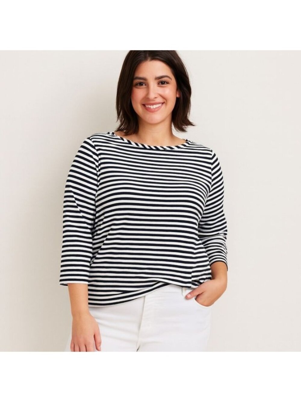Chicos Womens Slim Striped Zipper Top Black Stripe 3/4 Sleeve Size 3 | XL